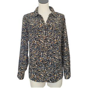 CJ Banks Corduroy Button Up Top 1X Abstract Print Black Tan Beige Shirt Pockets